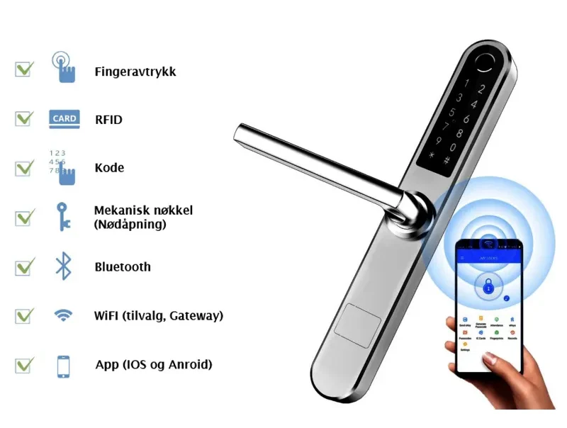 Produktbilde av smartlås med egenskapene i punktliste